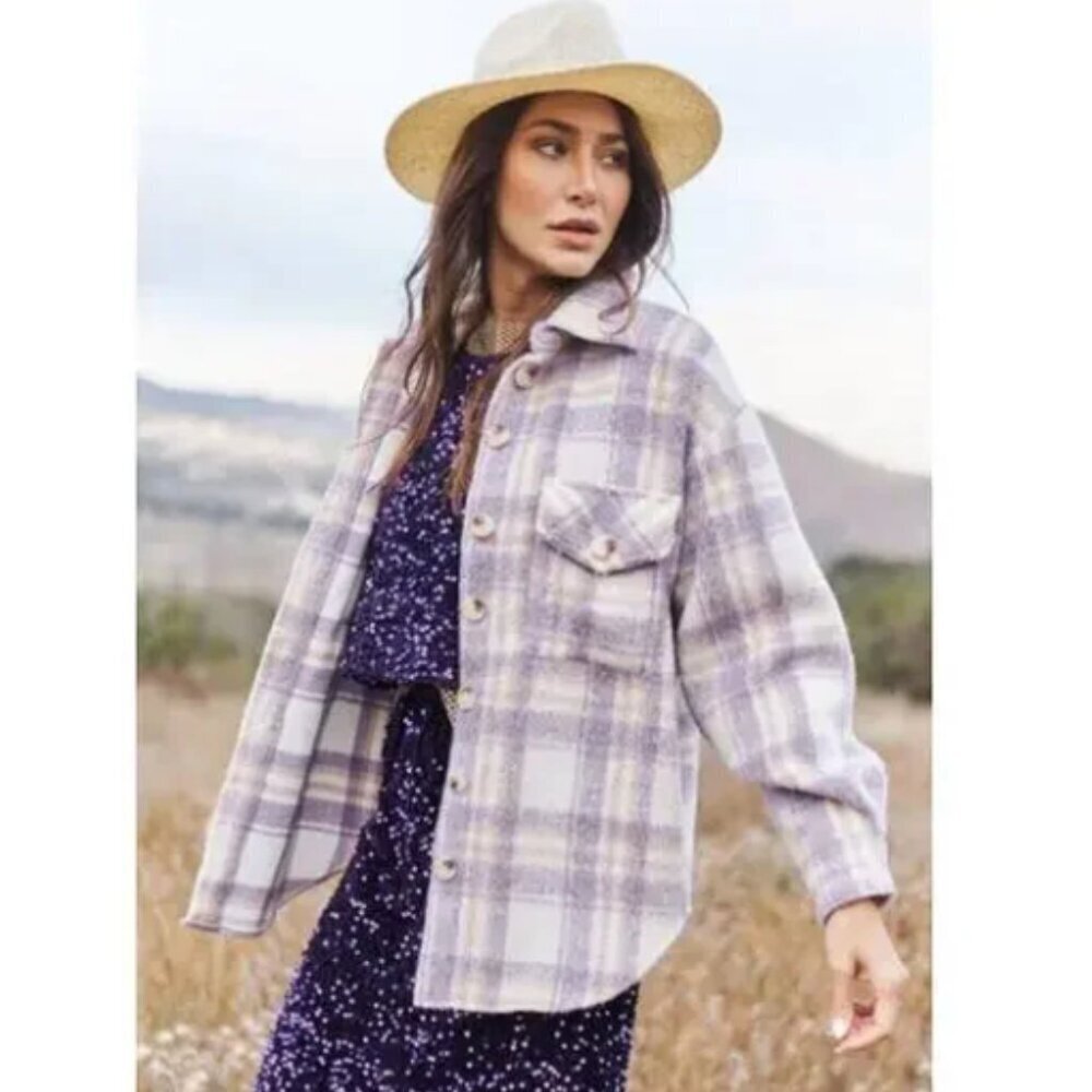 AVEC LES FILLES Plaid Shacket Fleece Jacket in Lavender Purple & Cream Size L